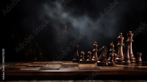 Wooden Chess pieces on chess board on black background