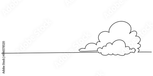 One solid line drawing of clouds in the sky on a white background. Weather symbol and storage concept in simple linear style. Doodle vector illustration