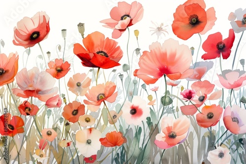 Serene watercolor poppy field for art and decor