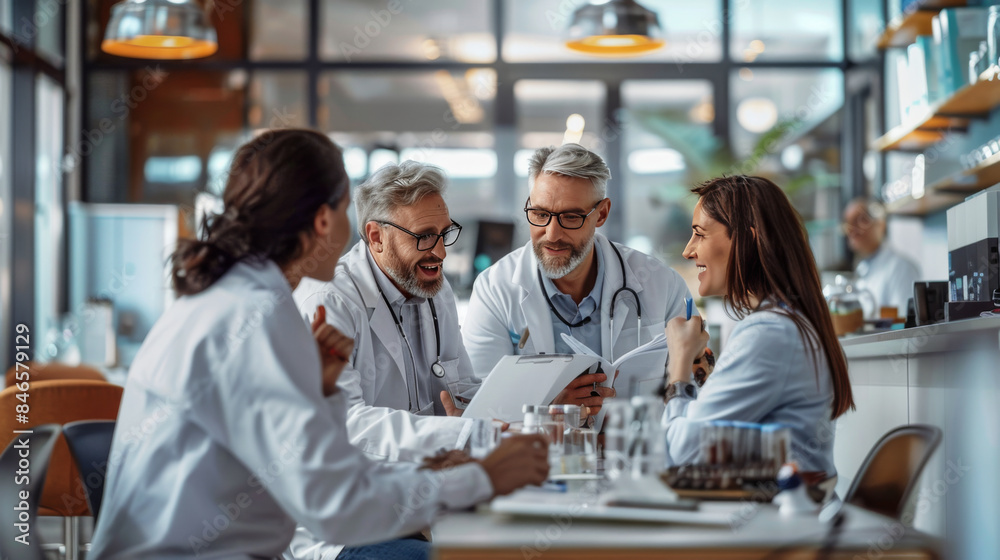 Group of doctors collaborating and discussing patient care in a hospital cafeteria, showing teamwork and professional communication. Group of doctors collaborating and discussing patient care in a hospital cafeteria, showing teamwork and professional communication.