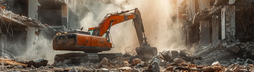 An excavator demolishing a building, surrounded by rubble and dust, capturing the intensity and motion of construction work in an urban setting An excavator demolishing a building, surrounded by rubble and dust, capturing the intensity and motion of construction work in an urban setting
