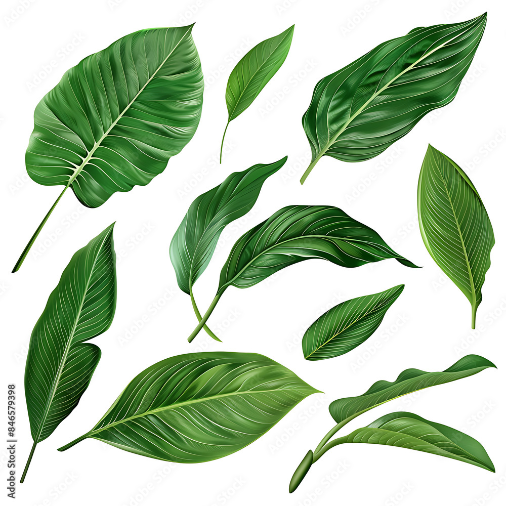 Collection of tropical green leaves isolated on white or transparent background Collection of tropical green leaves isolated on white or transparent background