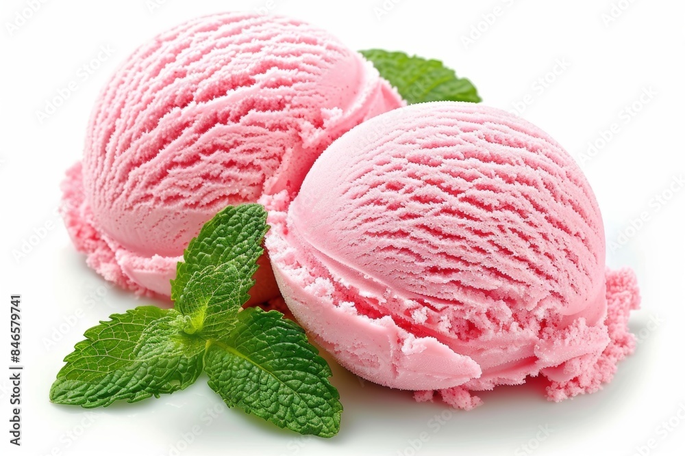 Refreshing strawberry ice cream scoops with mint on white background Refreshing strawberry ice cream scoops with mint on white background