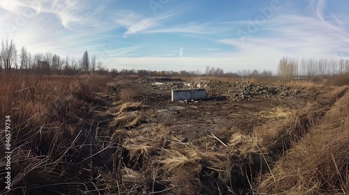 Panoramic Debris Field, Remains of a Concrete Structure. Generative Ai photo