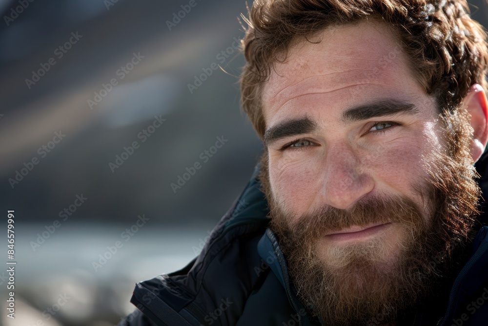Smiling bearded man enjoying mountain landscape Smiling bearded man enjoying mountain landscape