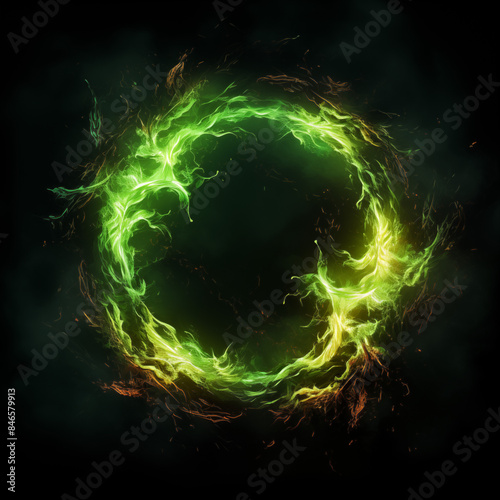 A swirling green toxic circle of fire, with vibrant flames. Black background