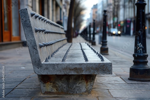 A concrete bench with spikes on its surface sits on a city sidewalk.