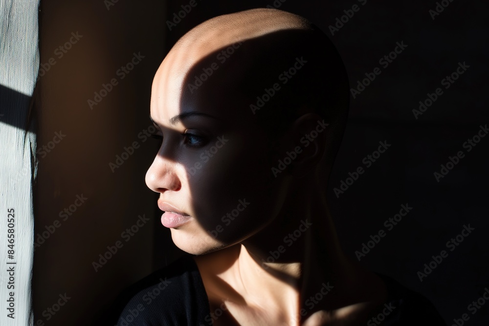 A woman with a shaved head looks out a window, bathed in the light of the sun. A woman with a shaved head looks out a window, bathed in the light of the sun.