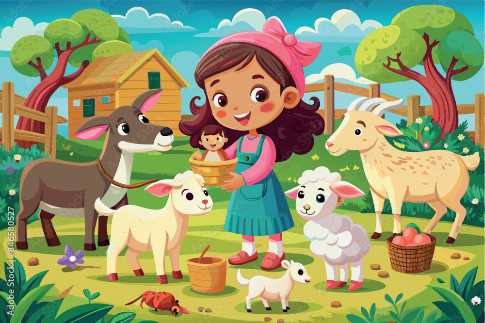 Obraz premium A child is feeding a baby goat outdoors. There is also a small chicken nearby. everything takes place in a grassy field with butterflies in the sky and hills in the background. themes of care, care an