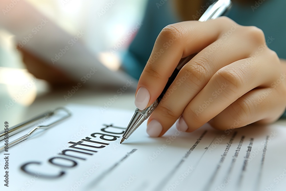 Close-up of a womans hand signing a contract with a pen. Close-up of a womans hand signing a contract with a pen.
