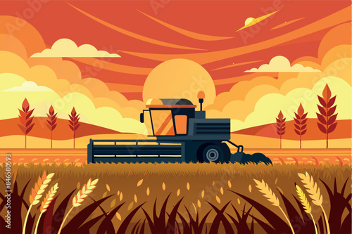 A rural scene with a combine harvester working in a golden wheat field. In the background you can see mountains and forest under a sky transitioning from sunset to night when the stars appear.