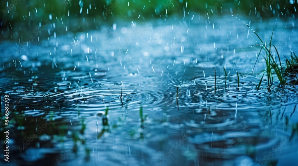 Tranquil raindrops on serene water surface Tranquil raindrops on serene water surface