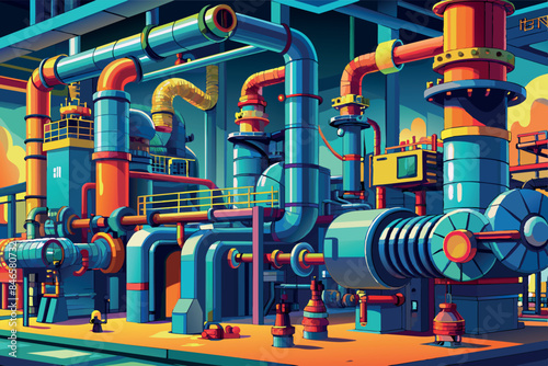 A complex industrial facility with many pipes, ducts and machinery. tanks or reactors painted in blue and silver colors. beams support the structure. Additional industrial equipment is shown in the ba