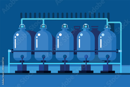 Factory with several large blue tanks connected by pipes. This image may be of interest to discuss industrial design, storage or process design.Factory with several large blue tanks connected by pipes