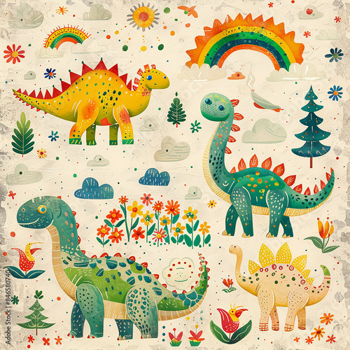 3d rendered photos of kawaii design featuring dinosaurs, clouds, flowers, trees, rainbows and dinosaur patterns. Crayon doodle drawing Artwork made with generative AI © Usama