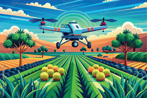 of a drone flying over agricultural fields. It sprays pesticides over rows of cultivated plants. theme of using modern technology in agriculture, in particular precision farming for crop management.