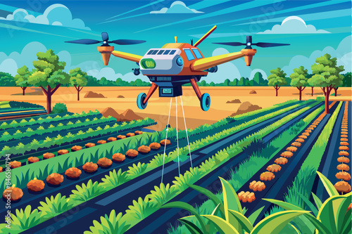 of a drone flying over agricultural fields. It sprays pesticides over rows of cultivated plants. theme of using modern technology in agriculture, in particular precision farming for crop management.