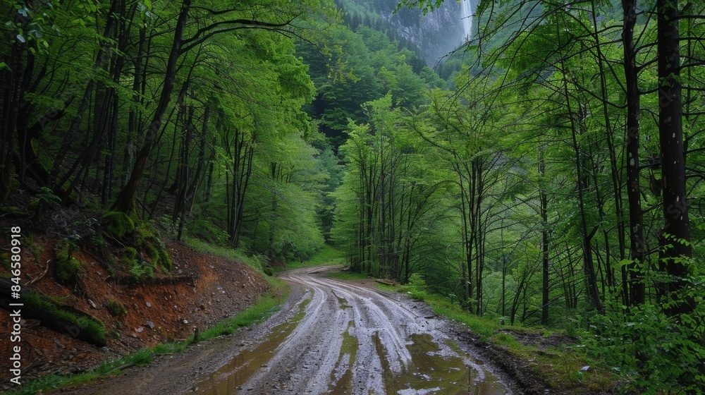 Fototapeta premium Rainsoaked gravel roads through dense forests offering glimpses of majestic waterfalls and hidden creeks. . AI generation.