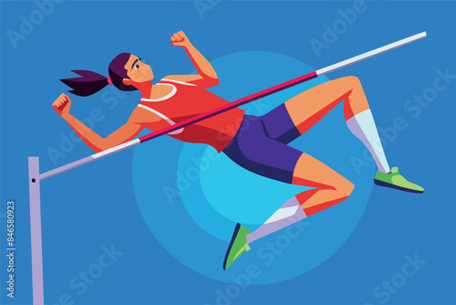  athlete - a female high jumper in flight over the crossbar. The background of the image is an open stadium with bright, colorful seats for spectators and abstract geometric shapes.