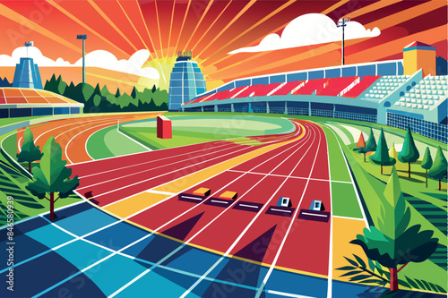 A stadium with a running track, multiple lines and a field in the center. seats for spectators, large floodlights. the theme presents a sports venue for competition, fitness and community events.