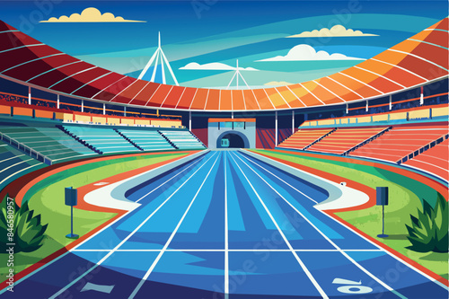 A stadium with a running track, multiple lines and a field in the center. seats for spectators, large floodlights. the theme presents a sports venue for competition, fitness and community events.