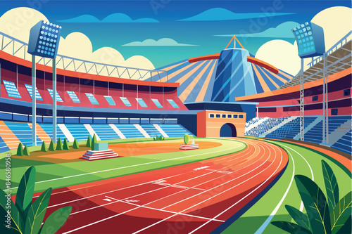 A stadium with a running track, multiple lines and a center field. spectator seating, large floodlights. the theme presents a sports facility for competition, fitness and community events