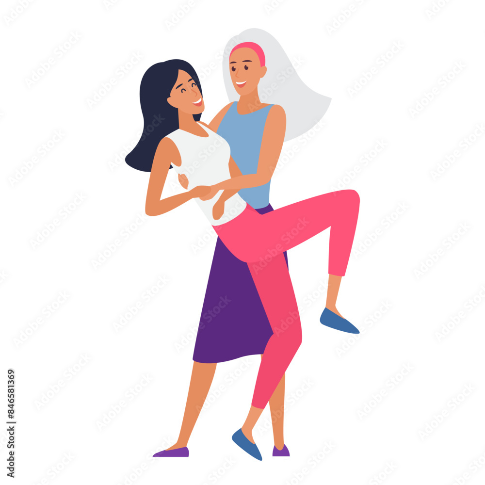Happy LGBT couple of girls hugging, female characters standing together vector illustration Happy LGBT couple of girls hugging, female characters standing together vector illustration