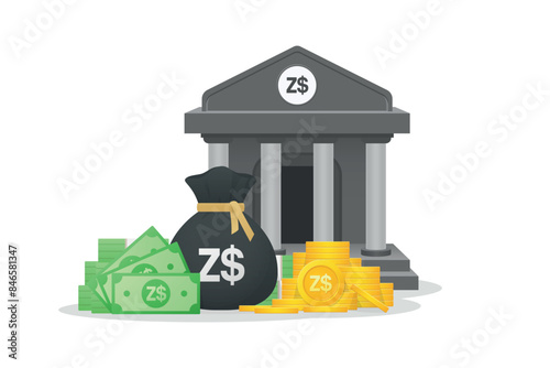 Bank building, gold coins, banknote and bundles of money bag with Zimbabwean dollar currency sign. Money savings, financial illustration.
