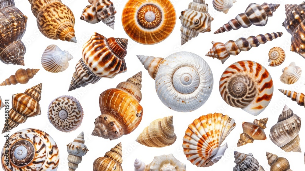 Collection of diverse seashells on a white background