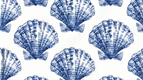 Seamless blue watercolor seashell pattern for textile design