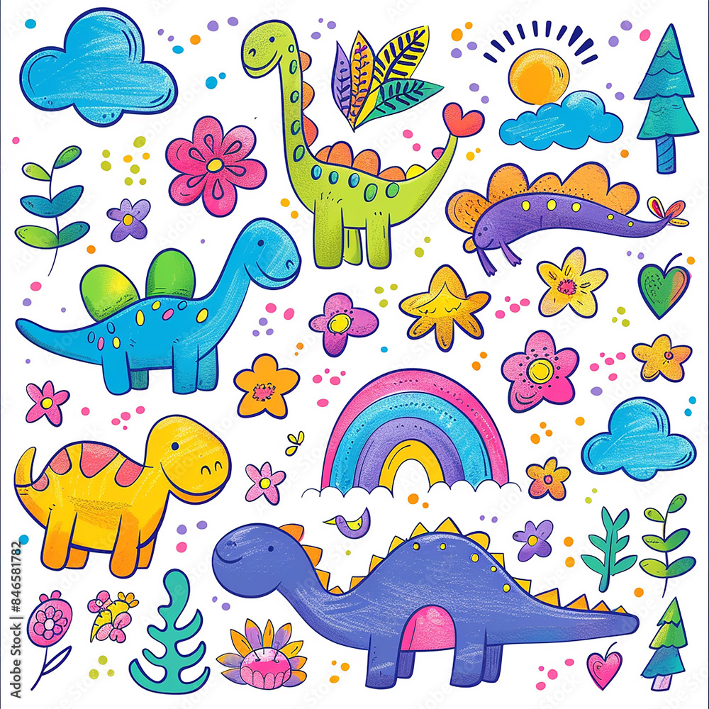 Naklejka premium 3d rendered photos of kawaii design featuring dinosaurs, clouds, flowers, trees, rainbows and dinosaur patterns. Crayon doodle drawing Artwork made with generative AI