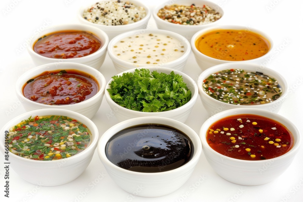 Assorted international sauces collection on white background