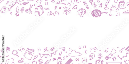 Back to school text frame in doodle style. Hand drawn set of book doodle elements, education symbols. Framework for social networks. Invitation to meetings. Stationery doodles