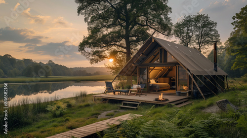 Small tent on wooden deck by a lake © xeionise