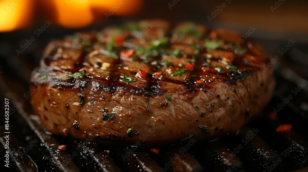 A piece of meat is on a grill with a lot of seasoning on it A piece of meat is on a grill with a lot of seasoning on it