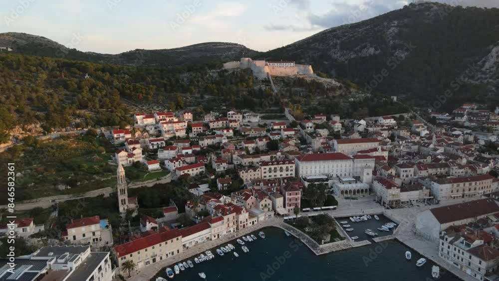 Aerial view of the island and city of Hvar in Croatia at sunrise Aerial view of the island and city of Hvar in Croatia at sunrise