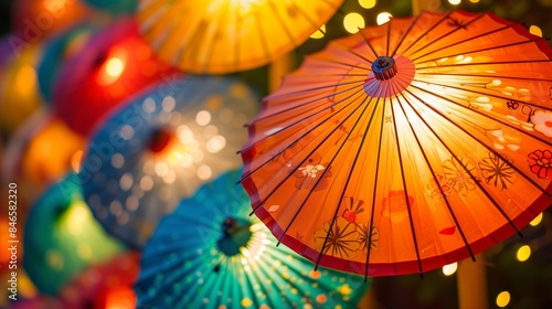 カラフルな和傘が照明に照らされる夜の祭り
