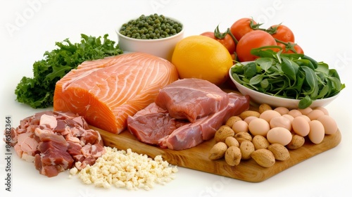 Diverse assortment of fresh protein sources on white background