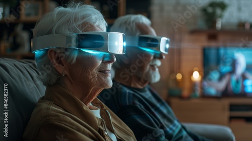 Two elderly people, a man and a woman, enjoying virtual reality (VR) headsets at home, illustrating how modern technology can enhance senior entertainment.