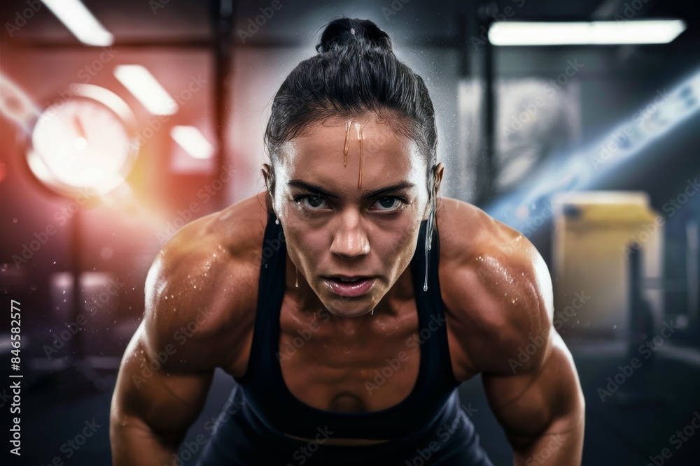 Fototapeta premium A woman in a black shirt doing push ups, AI