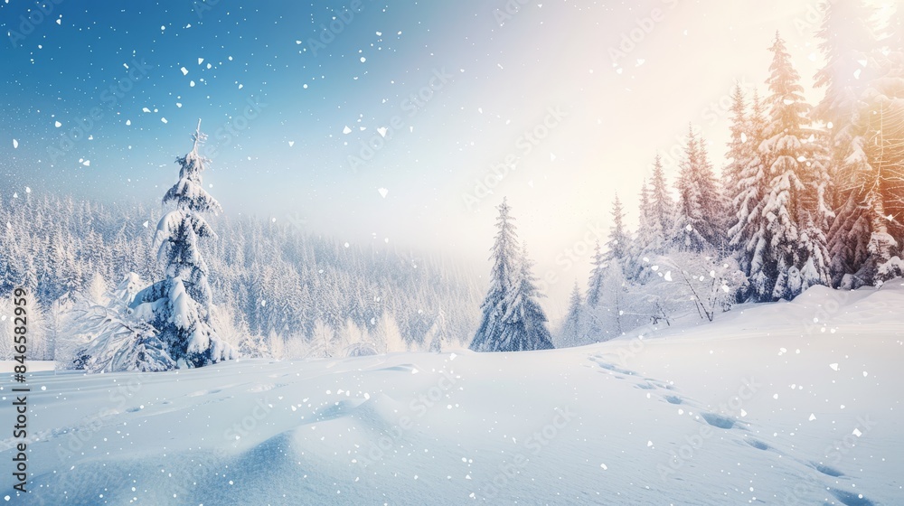 Snowy landscape with evergreen trees, clear blue sky, and gentle sunlight. Winter wonderland concept.
