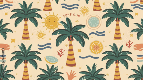 Boho groovy palm tree beach sun sea. Surf club vacation and sunny summer day aesthetic. Vector illustration background in trendy retro naive simple style.