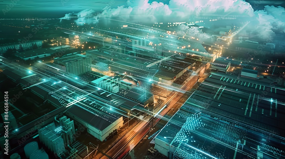 An aerial view of a modern industrial complex illuminated at night ...