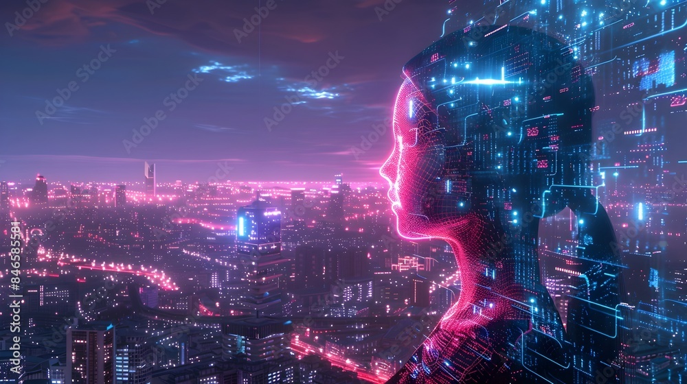 Obraz premium Sentient Assistant with Glowing Holographic Interface in Futuristic Cityscape