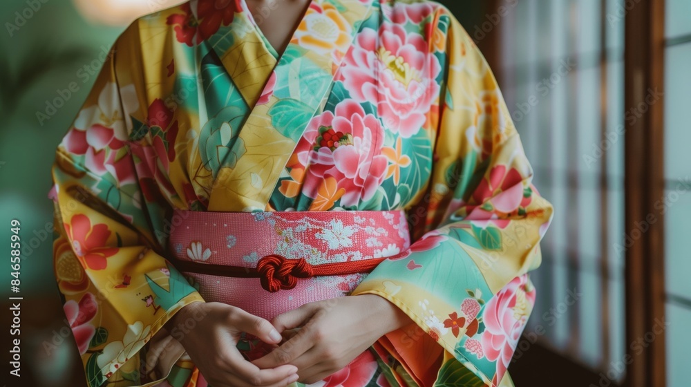 華やかな和柄の着物を着た女性
華やかな和柄の着物を着た女性