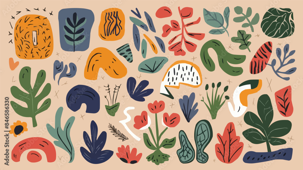 Set of various abstract shapes, doodles, and plants. Hand-drawn doodles. Modern contemporary fashion illustration. Flat design, hand-drawn cartoon, vector. Set of various abstract shapes, doodles, and plants. Hand-drawn doodles. Modern contemporary fashion illustration. Flat design, hand-drawn cartoon, vector.