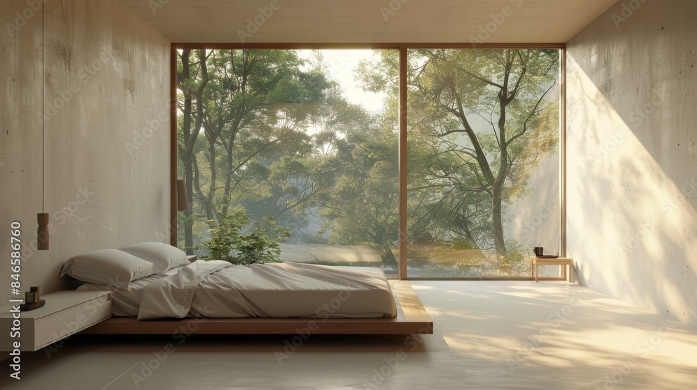 A minimalist bedroom with a large window, allowing natural light to illuminate the space, creating a tranquil ambiance. A minimalist bedroom with a large window, allowing natural light to illuminate the space, creating a tranquil ambiance.