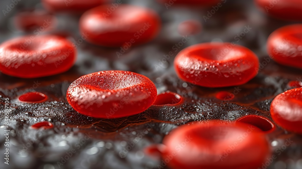 Close-up view of red blood cells under a microscope. The cells are bright red and appear to be clustered together on a dark, textured surface Close-up view of red blood cells under a microscope. The cells are bright red and appear to be clustered together on a dark, textured surface