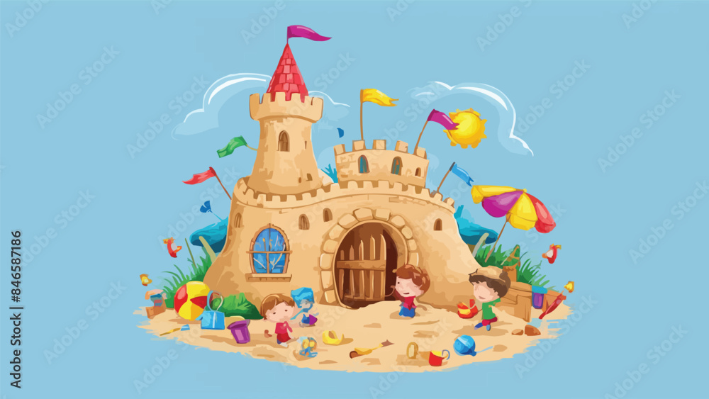 Set of Cartoon sandcastle with tower, gate and window for summer beach vacation and children play concept. Vector illustration set of palace sculpture made of yellow shore sand. Summertime activity el Set of Cartoon sandcastle with tower, gate and window for summer beach vacation and children play concept. Vector illustration set of palace sculpture made of yellow shore sand. Summertime activity el
