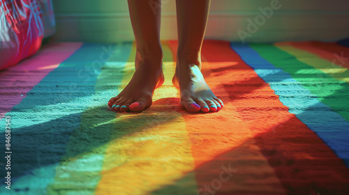 Bare feet of a woman with painted nails on a rug in LGBT colors